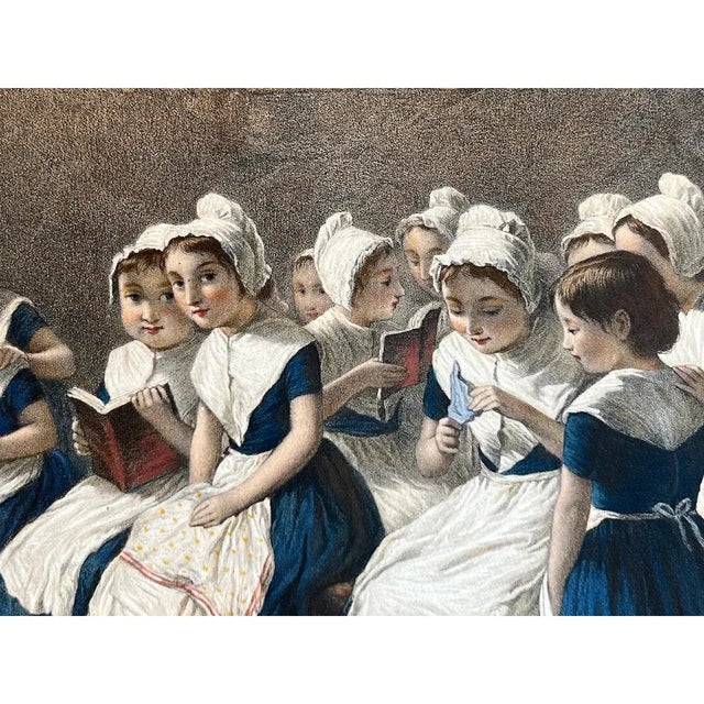 Printmaking Materials Emile Desmaisons (1812–1880) "School Girls" Original Antique French Color Lithograph c.1869 For Sale - Image 7 of 12