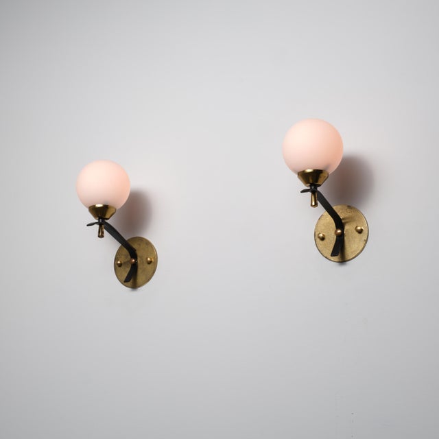 Black Vintage Italian Wall Sconces in Brass and Opaline Glass Shade, 1950s, Set of 2 For Sale - Image 8 of 11