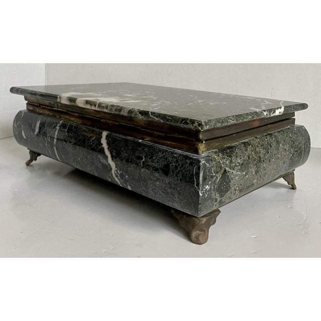 Metal Mid-20th Century Green Marble Hinged Box With Brass Mounts & Black Felt Lining For Sale - Image 7 of 12