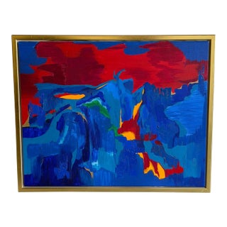 Vintage Abstract Painting by Karen Werliin – Framed Modern Expressionist Artwork – Blue Red Composition For Sale