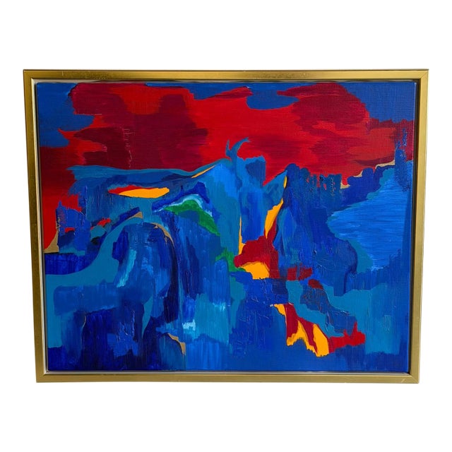 Vintage Abstract Painting by Karen Werliin – Framed Modern Expressionist Artwork – Blue Red Composition For Sale