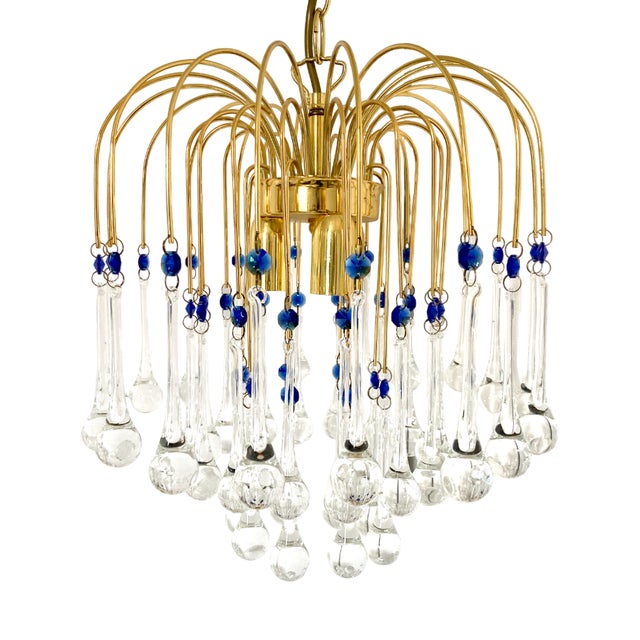 Mid-Century Murano Waterfall Chandelier in Brass and Glass For Sale