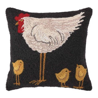 Hen with 3 Chicks Hook Pillow, 18" x 18" For Sale