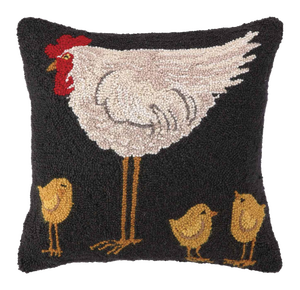 Hen with 3 Chicks Hook Pillow, 18" x 18"