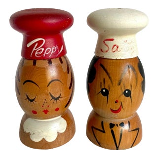 Vintage "Salty and Peppy" Hand-Painted Wooden Salt and Pepper Shakers For Sale