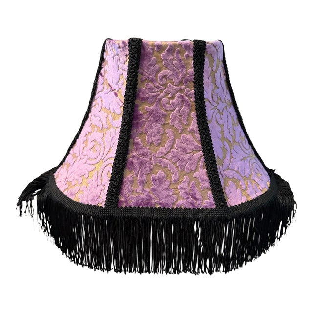 Vintage Purple Velvet & Gold Leaf Lamp Shade With Black Rayon Chainette Fringe For Sale