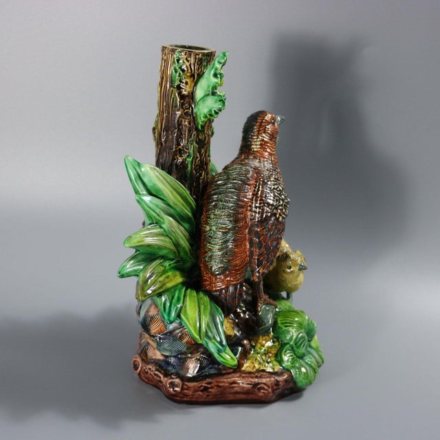 Ceramic Hugo Lonitz Majolica Partridge and Chicks Candelabra Base For Sale - Image 7 of 17