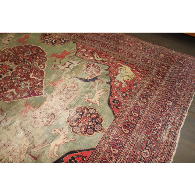 Green Hunting Animal Doroksh Persian Distressed Rug , 10'2'' X 12'10'' For Sale - Image 10 of 15