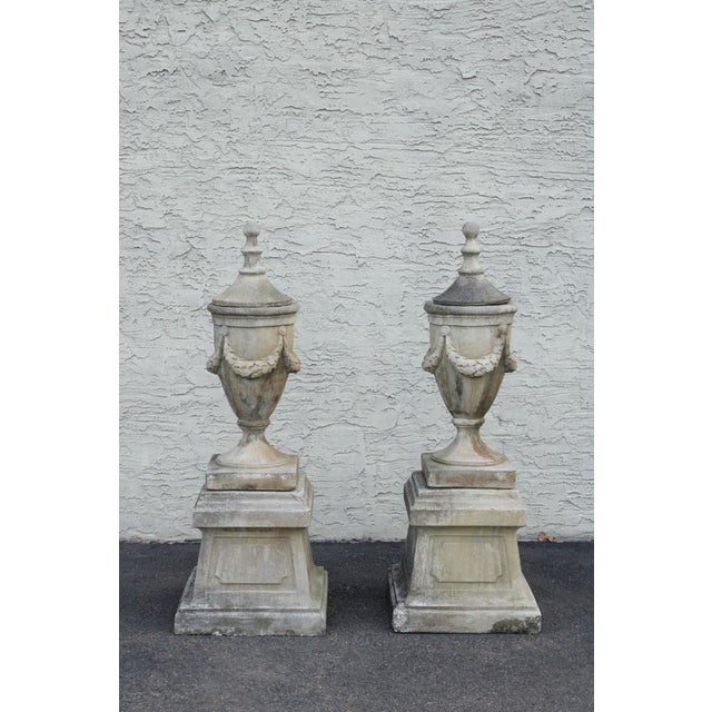 High Quality Classical Style Cast Stone Garden Urns With Lids Raised On Matching Pedestals. Urn Bodies Decorated With Swag...