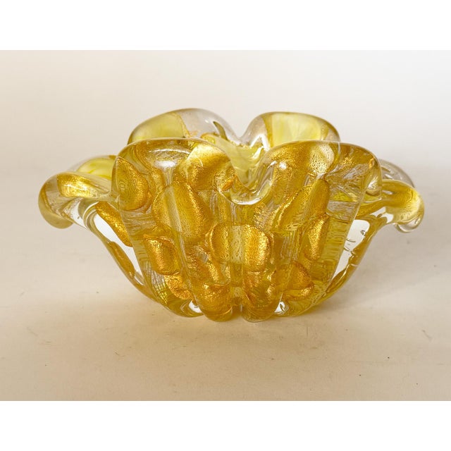 Yellow 1950s Barovier & Toso Murano Yellow Spots Gold Flecks Italian Art Glass Flower Form Bowl For Sale - Image 8 of 16
