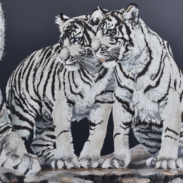 Wood Vintage 1970s Large Scale White Tigers Painting by Anderson For Sale - Image 7 of 12