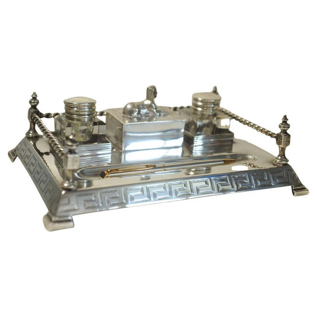 1920s Art Deco Egyptian Revival Cut Glass Inkwells with Pen Tray, Set of 4 For Sale - Image 5 of 9