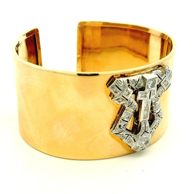 1930s Art Deco Diamond Platinum & 14k Gold Wide Marriage Cuff Bracelet For Sale - Image 4 of 15