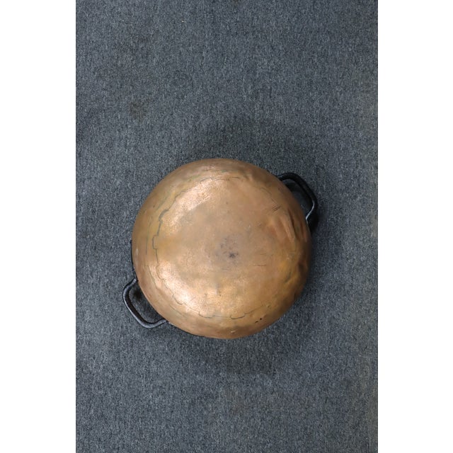 Copper Antique Hand-Hammered Copper Bowl With Wrought Iron Handles For Sale - Image 8 of 9