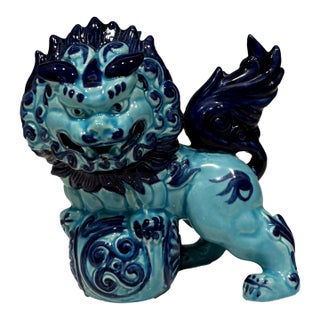 Vintage Turquoise Blue Ceramic Foo Dog Guardian Lion Figurine For Sale