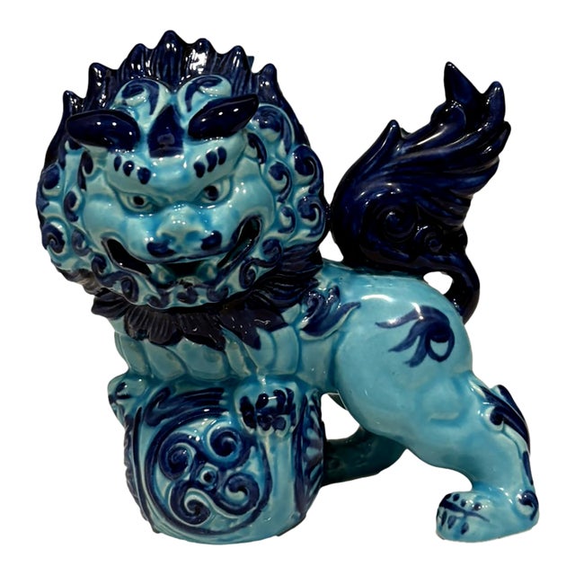 Vintage Turquoise Blue Ceramic Foo Dog Guardian Lion Figurine For Sale
