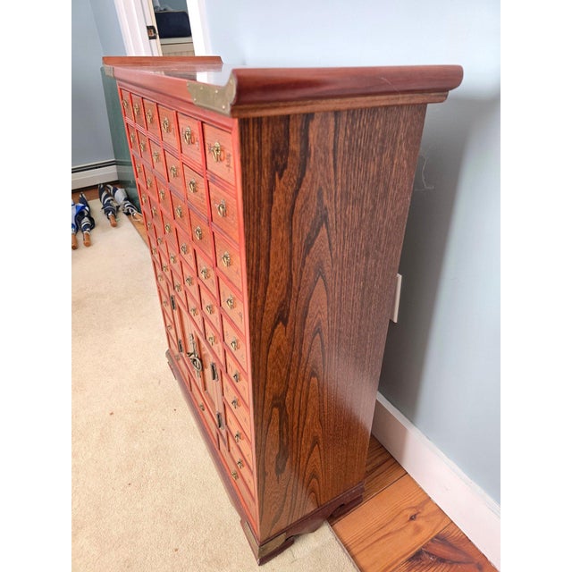 Red Vintage 45-Drawer Chinese Apothecary Chest - Solid Elm Yumu Herb Cabinet - Pagoda Top For Sale - Image 8 of 14
