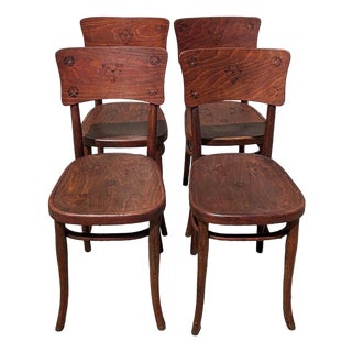 Victorian Bent Oak Side Chair W/ Floral Seat by Thonet Hermanos, Set of 4 For Sale