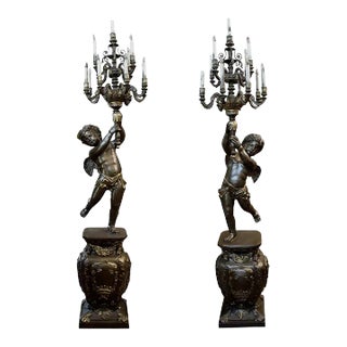 Monumental Pair of French Napoleon III Style Bronze Patinated 13-Light Figural Torchières, 91” For Sale