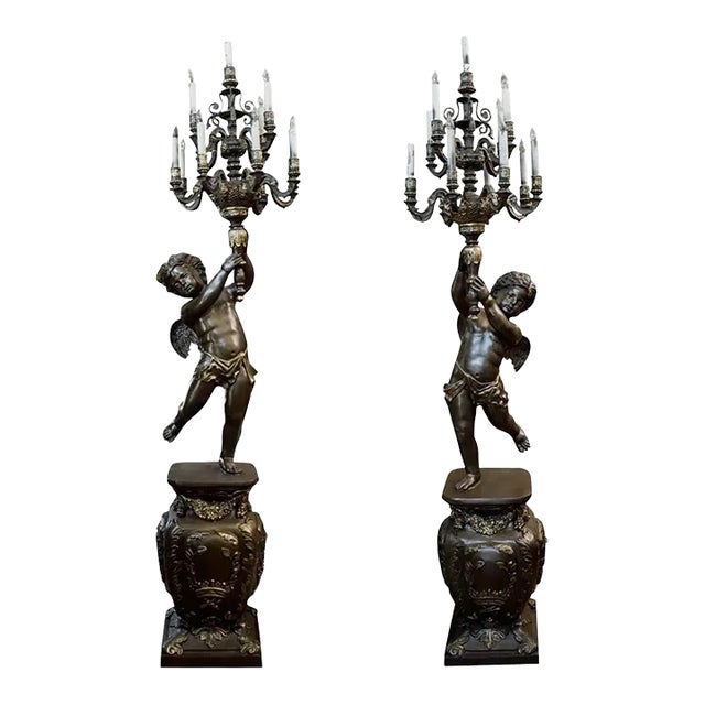 Monumental Pair of French Napoleon III Style Bronze Patinated 13-Light Figural Torchières, 91” For Sale