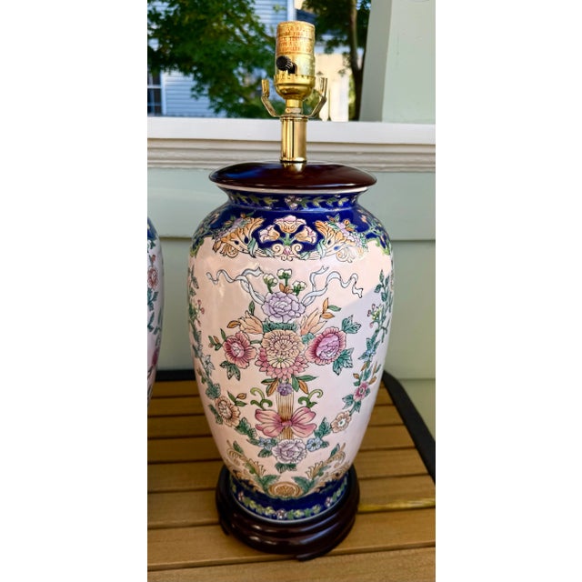 Mid 20th Century Vintage 1950s Chinoiserie-Style Porcelain Floral Table Lamps - A Pair For Sale - Image 5 of 13