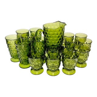1960s Vintage Boho Chic Americana Indiana Glass Whitehall Pitcher & Glassware Set - 17 Pieces For Sale
