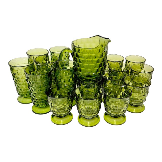 1960s Vintage Boho Chic Americana Indiana Glass Whitehall Pitcher & Glassware Set - 17 Pieces For Sale