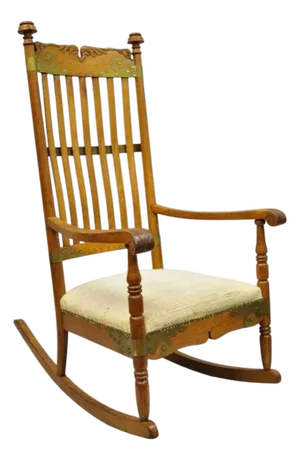 Antique Victorian Oak Wood Arts & Crafts Rocker Rocking Chair With Brass Accents