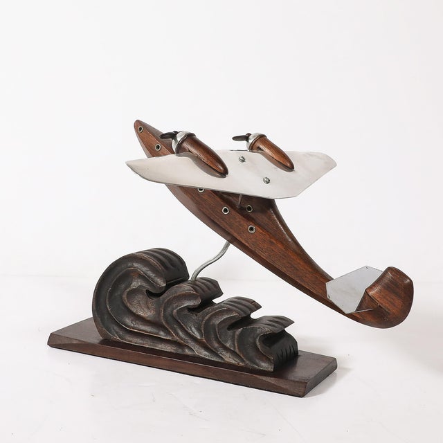 Art Deco Anthoine Art Bois Carved Wood and Metal Seaplane Model on Stand For Sale - Image 12 of 14