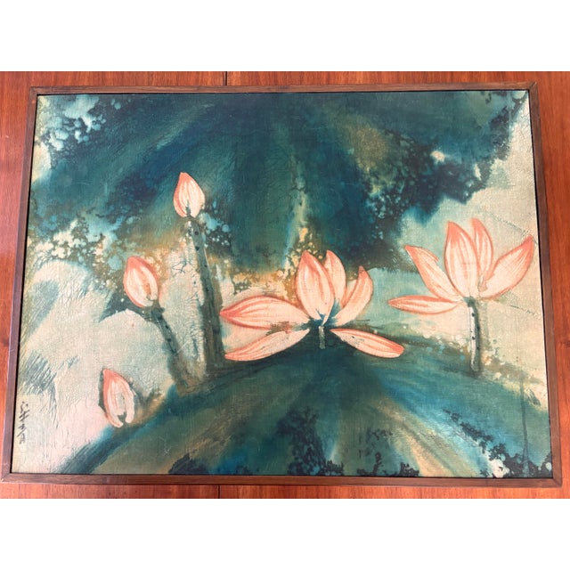 Pair of Vintage Batik Lotus Paintings, Signed, Teal and Coral Wall Art For Sale - Image 4 of 11
