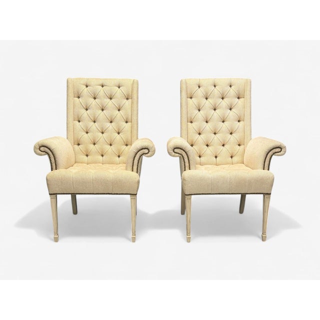 Grosfeld House, Hollywood Regency, Rolled Arm Chairs, Painted Wood, Tweed Linen For Sale - Image 4 of 8