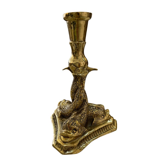 Fabulous brass candlestick with an entwined triple dolphin/ koi fish motif. Nicely detailed scales and gills. Triangular...
