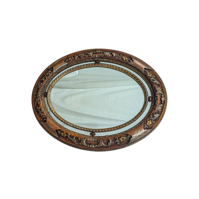 Wood Antique Oval Mirror with Carved Wood Frame For Sale - Image 7 of 7