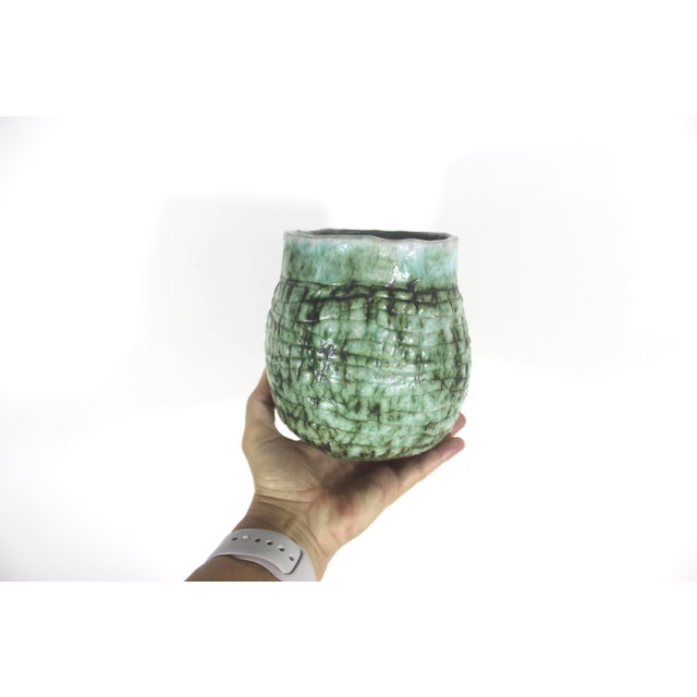 Vintage Textured Green Pottery Vase For Sale - Image 12 of 12