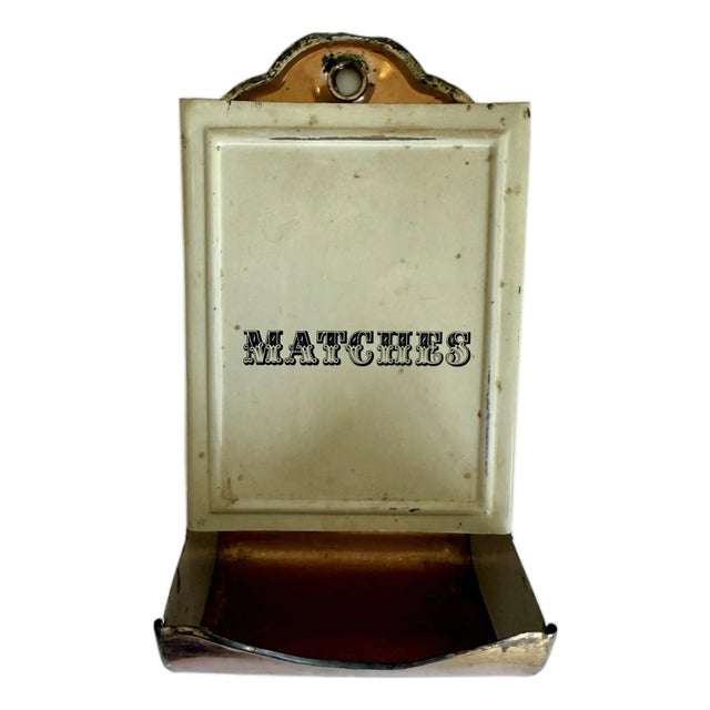 Antique Wall Match Holder/Match Safe – Cream Enamel Tin Kitchen Wall Box For Sale
