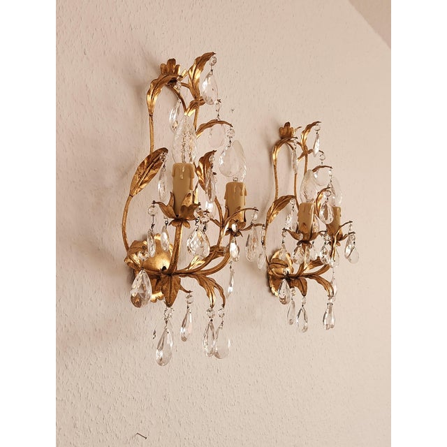 Mid-Century Regency Modern Boheme Shabby Chic Forged Gold Leaf Gilded Floral Two Light Sconce with Crystal Drops, Italy, 1950s, Set of 3 For Sale - Image 18 of 18