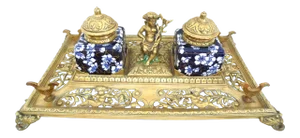 Late 19th Century Victorian Brass Desk Tray With Double Coalport Porcelain Inkwells - 3 Pieces