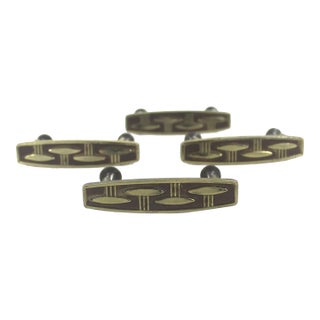 Set of Four Atomic Mid-Century Danish Modern Style Brass Drawer Pulls Rectangular Dresser Handles With Patina and Screws For Sale