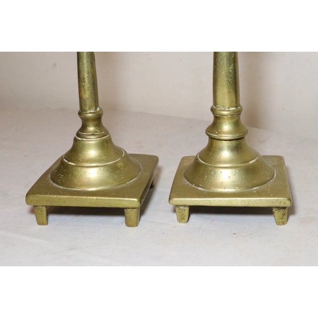 Rare Pair Primitive Antique 18th Century Turned Brass Candlestick Candle Holder For Sale - Image 4 of 11