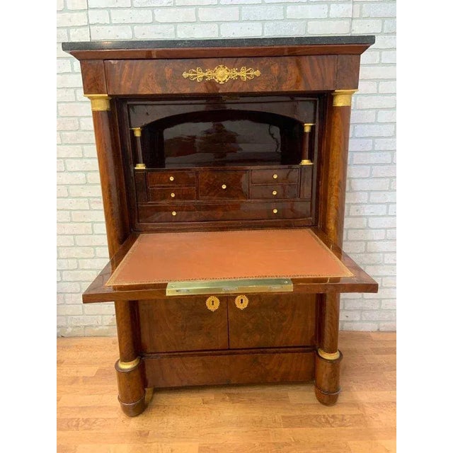 Bronze Antique French Empire Mahogany Gilt-Bronze Mounted Marble-Top Abattant Secretary Desk For Sale - Image 8 of 9