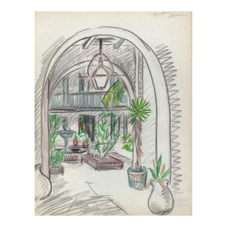 1940s Grace Spongberg Bosque House Courtyard New Orleans Drawing For Sale
