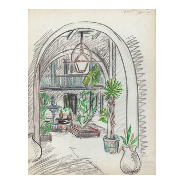 1940s Grace Spongberg Bosque House Courtyard New Orleans Drawing For Sale