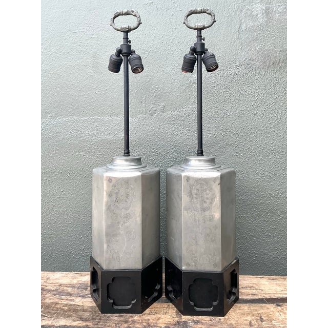 Vintage Etched Metal Lamps - A Pair For Sale - Image 9 of 12