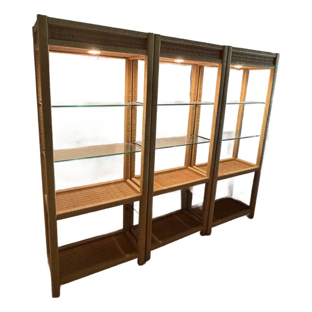 Attributed/Styled After a Vintage Henry Link for Lexington Rattan Furniture Collection. Lighted Etagere Bookcase Mid 1970's For Sale