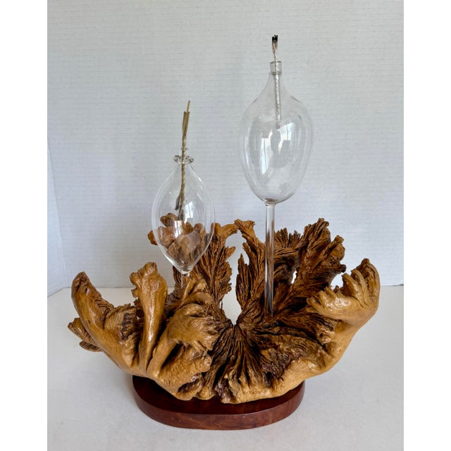 Here is a sculptural double oil lamp centerpiece crafted from a naturally formed burl root or root crown mounted on a...