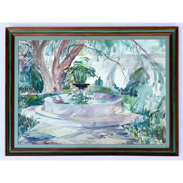 Garden With Fountain Midcentury Watercolor Landscape Painting For Sale In Richmond - Image 6 of 6