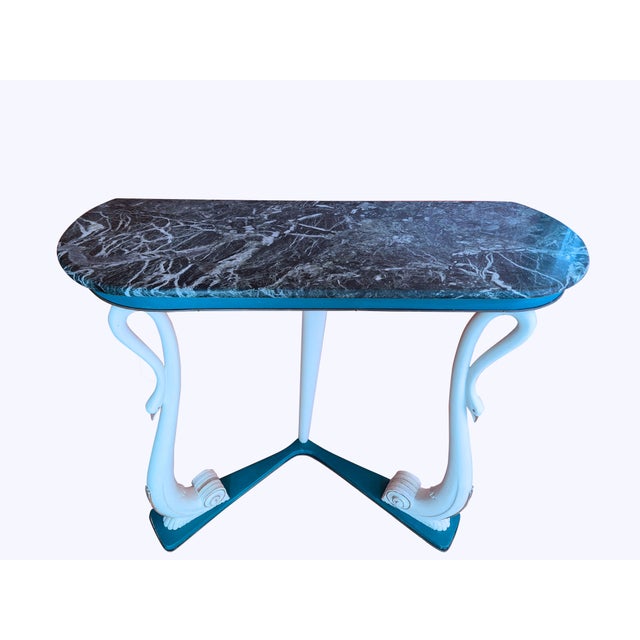 Italian Wooden Console with Carved Swans, Marble Top and Mirror, 1950s For Sale - Image 6 of 17