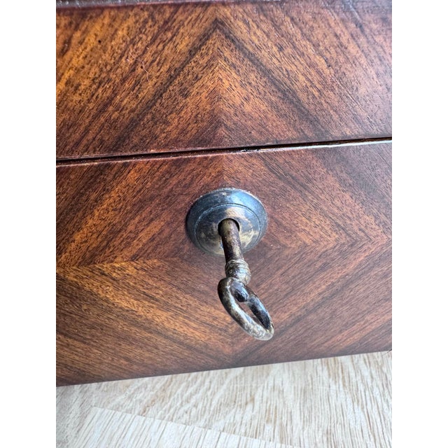 Wood Theodore Alexander Diamond-Matched Walnut Veneer and Solid Walnut Jewelry Box, Valet Box or Document Chest With Keys For Sale - Image 7 of 12