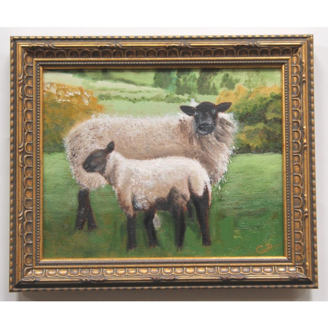 Cleo Plowden Sheep Lamb Landscape Beige Black Green Traditional English Impressionist Portrait Original Painting by Cleo Plowden For Sale - Image 4 of 6