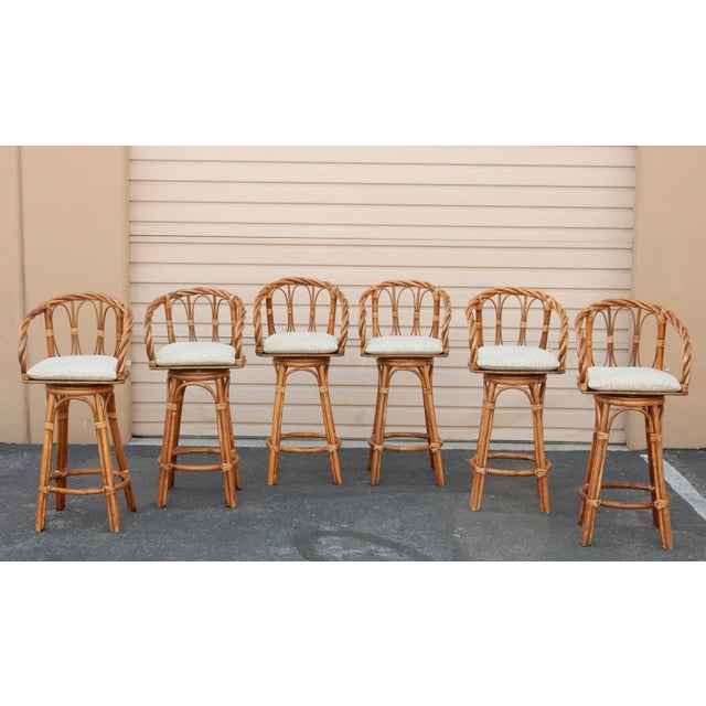 1970s 1970's Colonial Sculpted Cane & Rattan Bar Stools, 6 Available, Sold in Pairs For Sale - Image 5 of 12